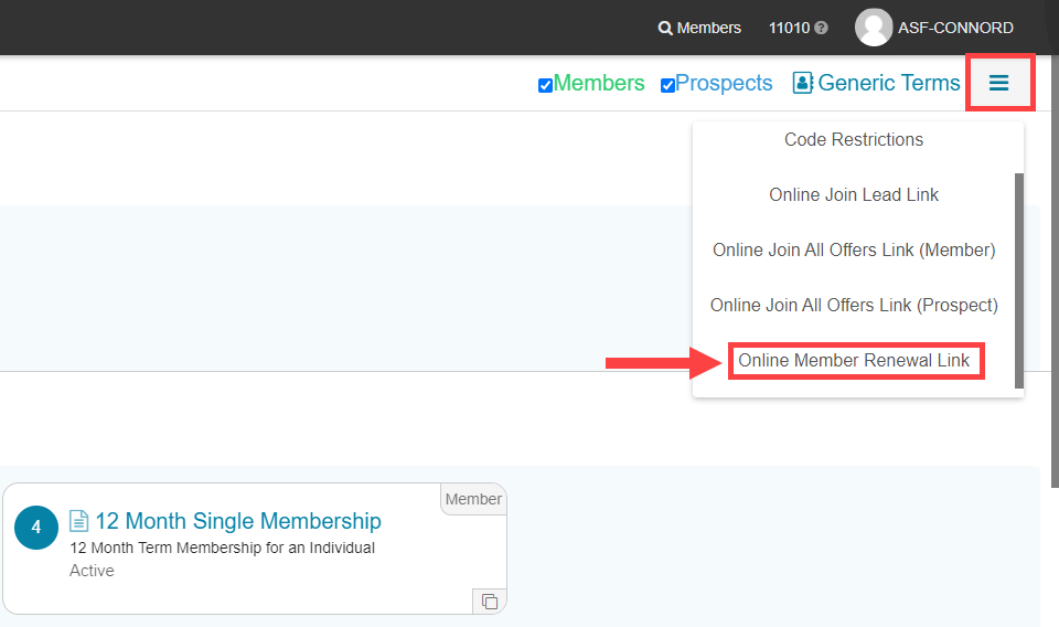 Online member renewal search screen where a member enters their account number, first name, and last name to look up their renewal options