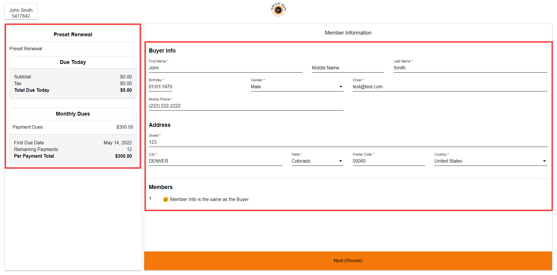 Payment and contract signing step during online renewal showing the member completing their payment details and signing the renewed membership contract