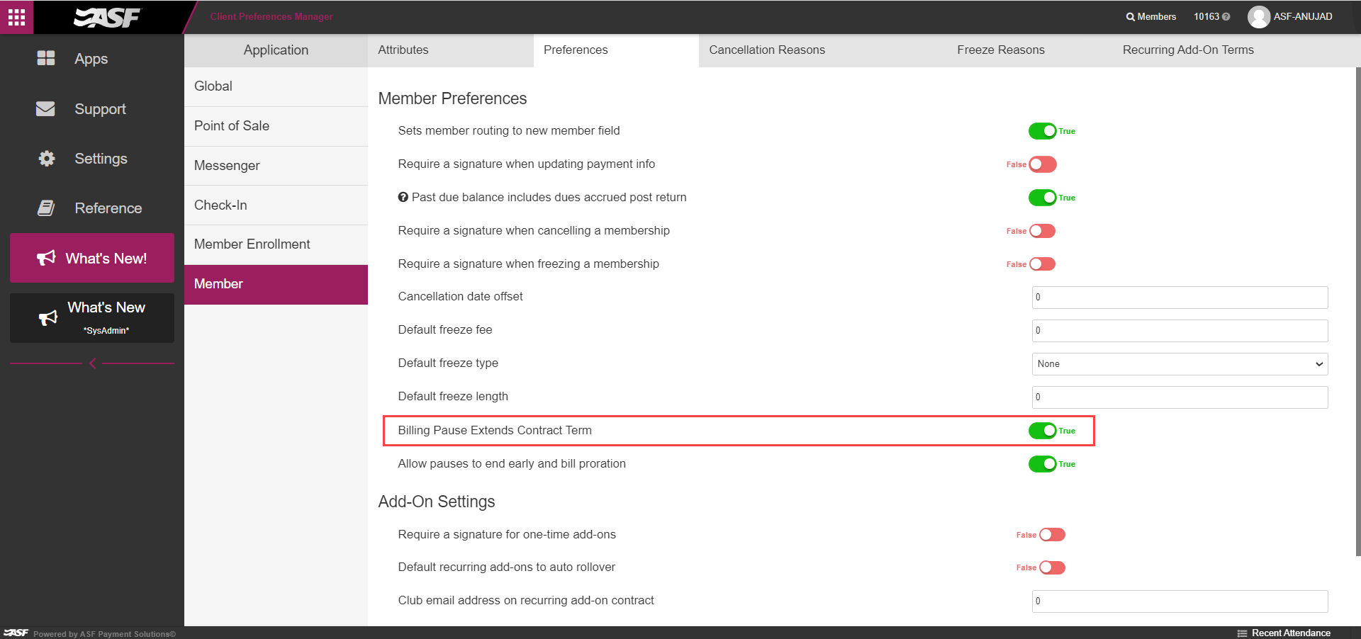 Settings panel showing the Billing Pause Extends Contract Term preference set to True, with explanatory text about term-extension behavior on paused memberships.