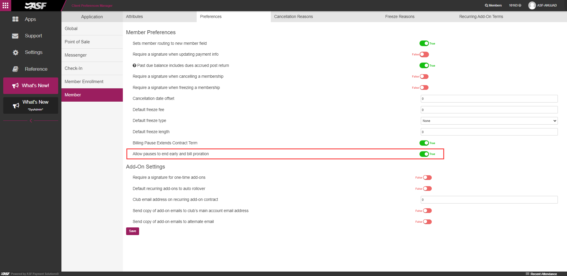 Client Preferences panel showing the Allow pauses to end early and bill proration setting that enables the End Pause Now and Prorate workflow.