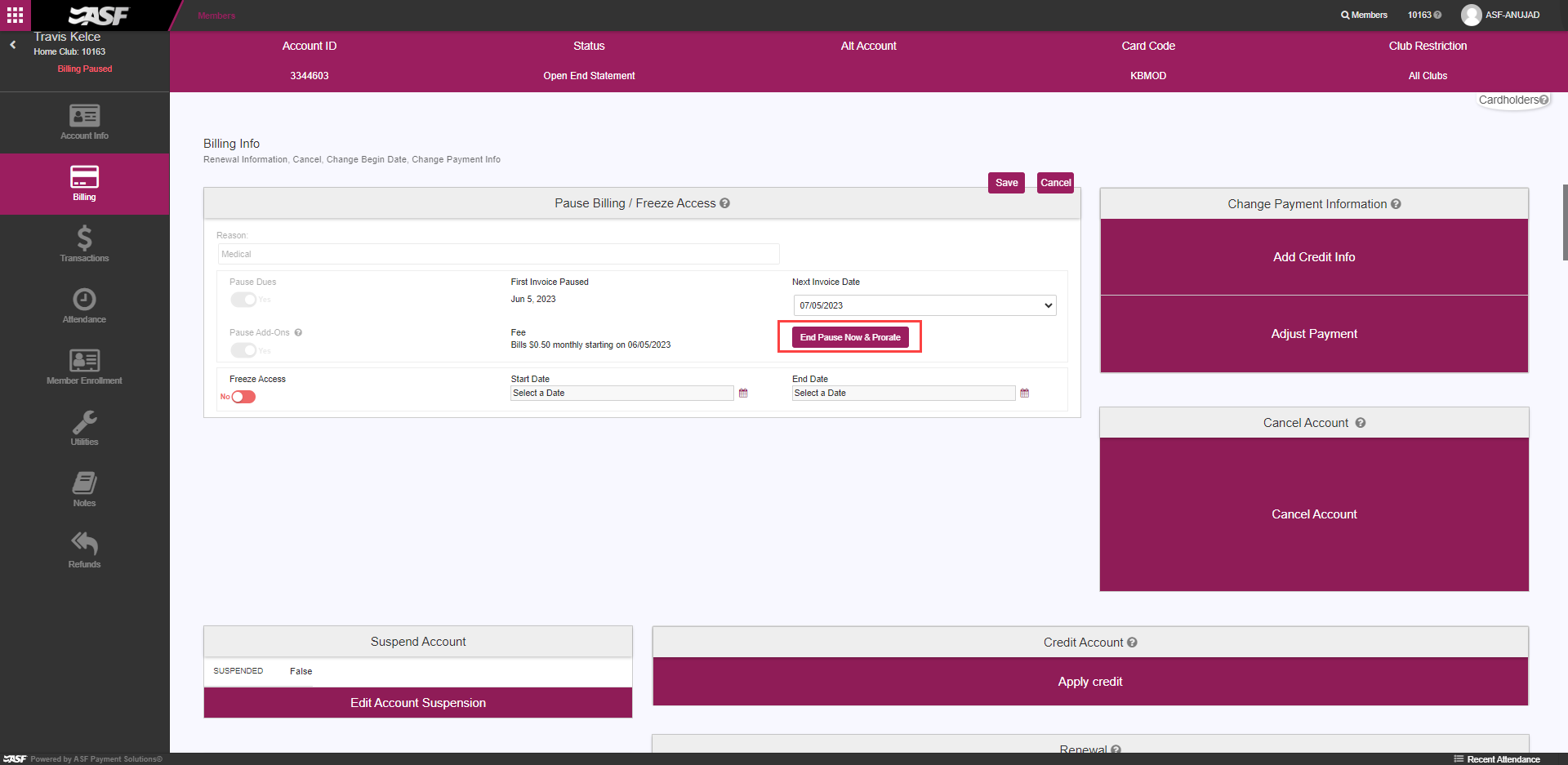 Member account view showing an End Pause Now and Prorate button on an actively paused account, with the resulting prorated invoice scenario.