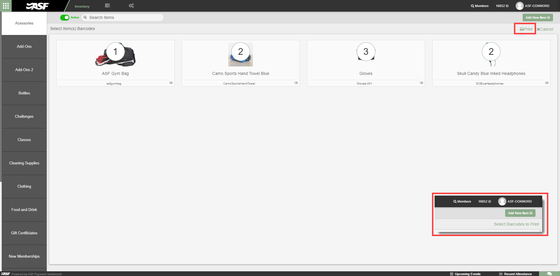 Batch barcode selection mode with quantity counter on each item and Print button at the top.