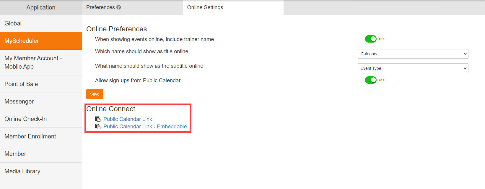 Client Preferences Online Connect section showing the Public Calendar Link and Embeddable link fields.