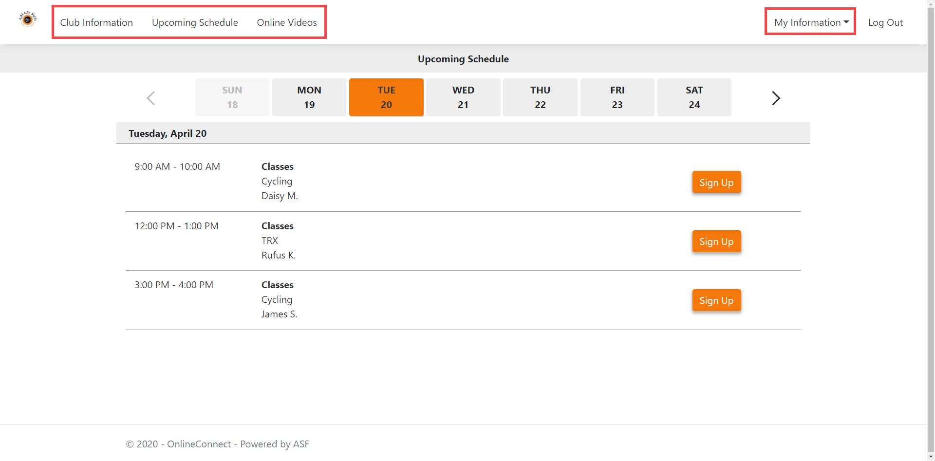 Public Calendar member view showing the upcoming schedule with events available for registration.