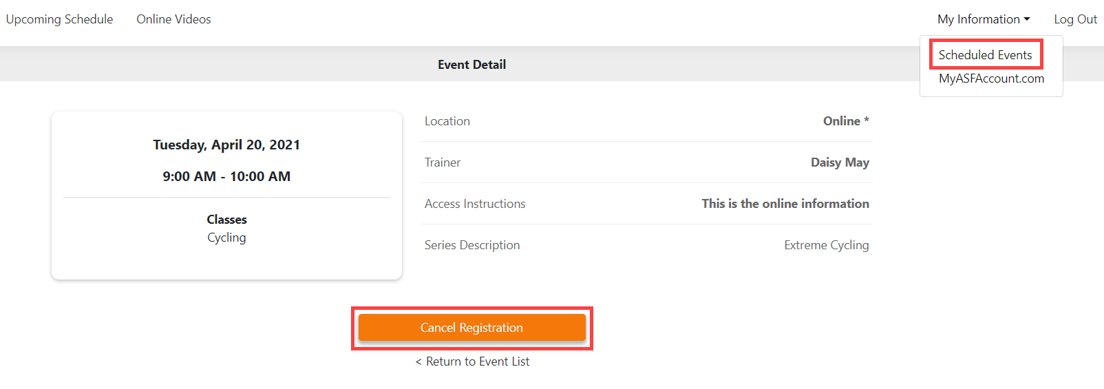 Public Calendar club information section displaying contact and location details.