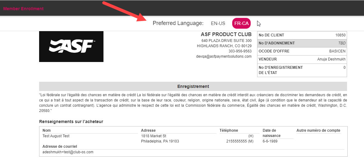Club preference setting controlling whether payment due and rejected payment emails are sent in Canadian French or English
