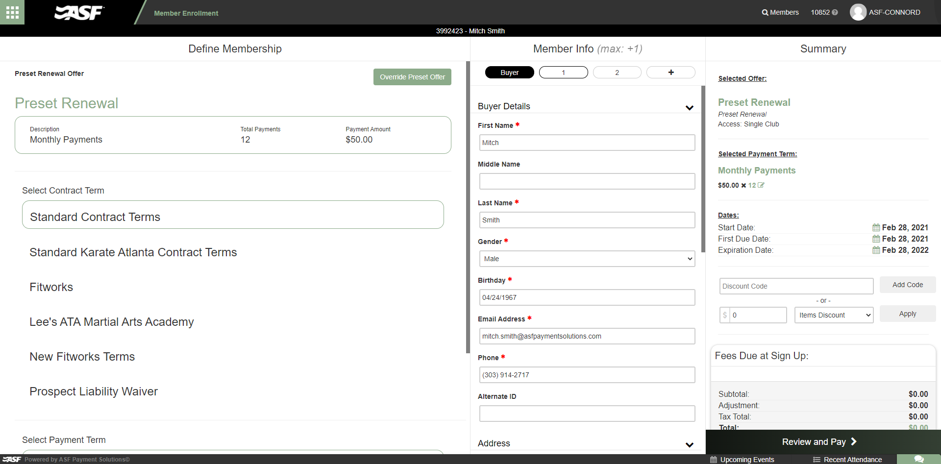 Member Enrollment screen for a Preset Renewal with Membership terms pre-populated and Contract Terms and Payment Terms ready to select.