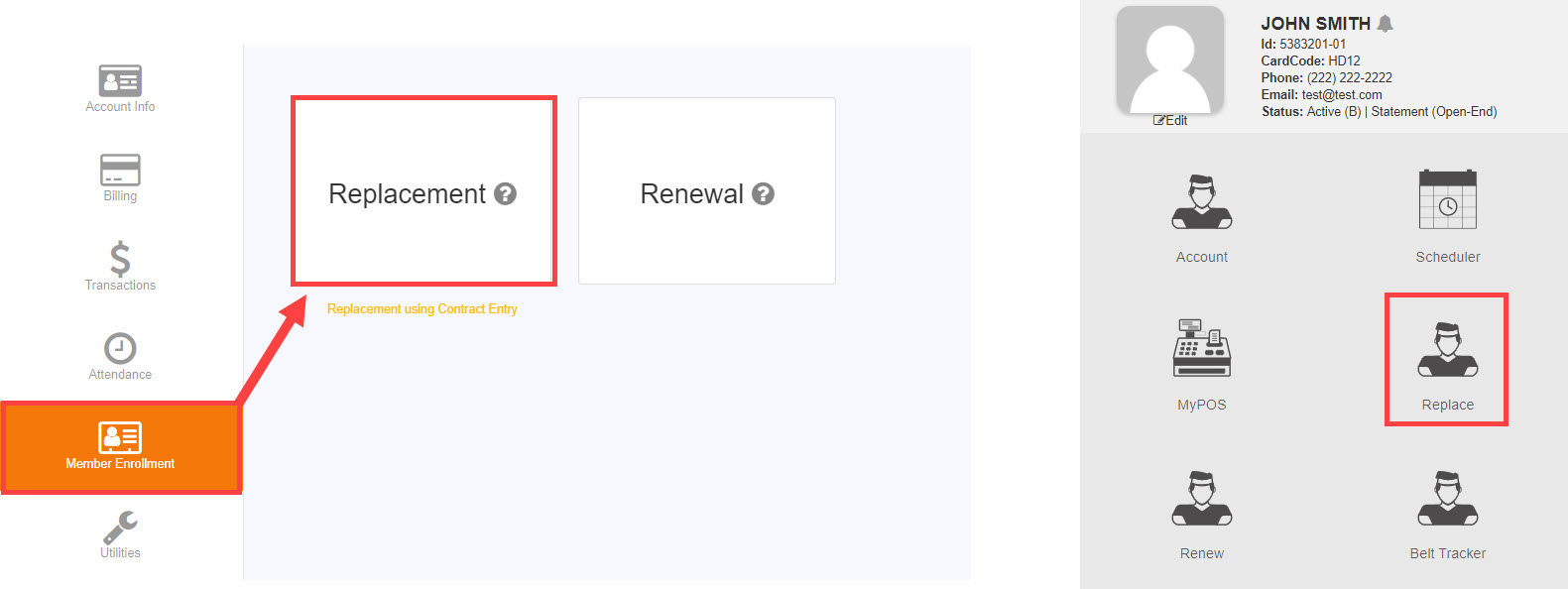 Member Enrollment and Quick Member Search panel showing the Replace entry points for initiating a membership replacement.