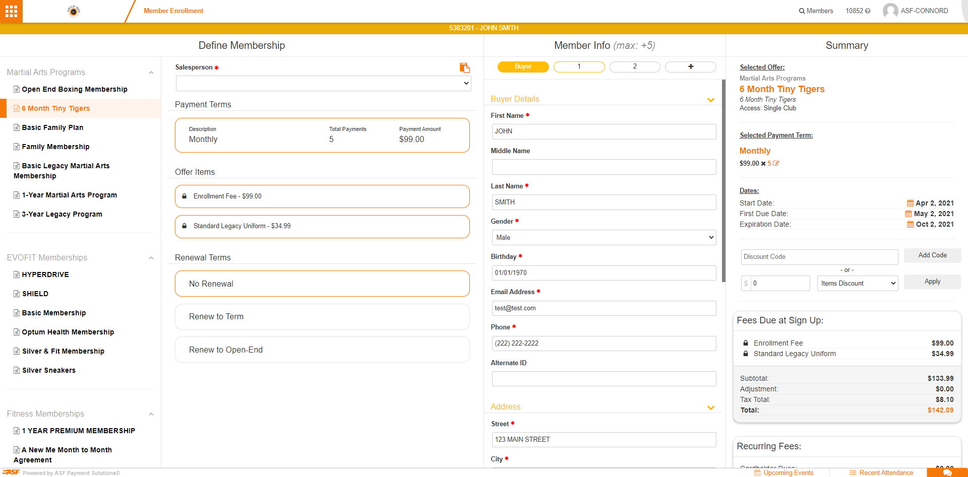 Member Enrollment screen during a replacement with imported member information and a new membership offer selection.