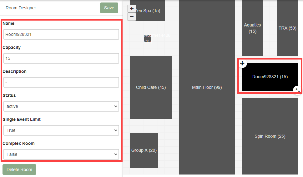 Room Designer left panel showing the Name, Capacity, Description, Status, and Single Event Limit fields for a selected room.