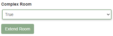 Complex Room toggle enabled on a room in Room Designer, with the Extend Room option appearing on the canvas.