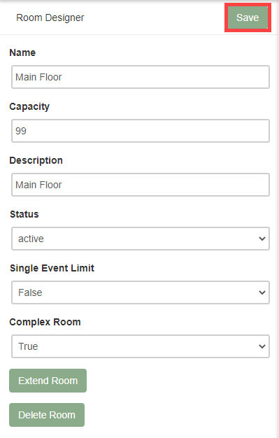 Room Designer save button and final room layout after creating a complex room shape.