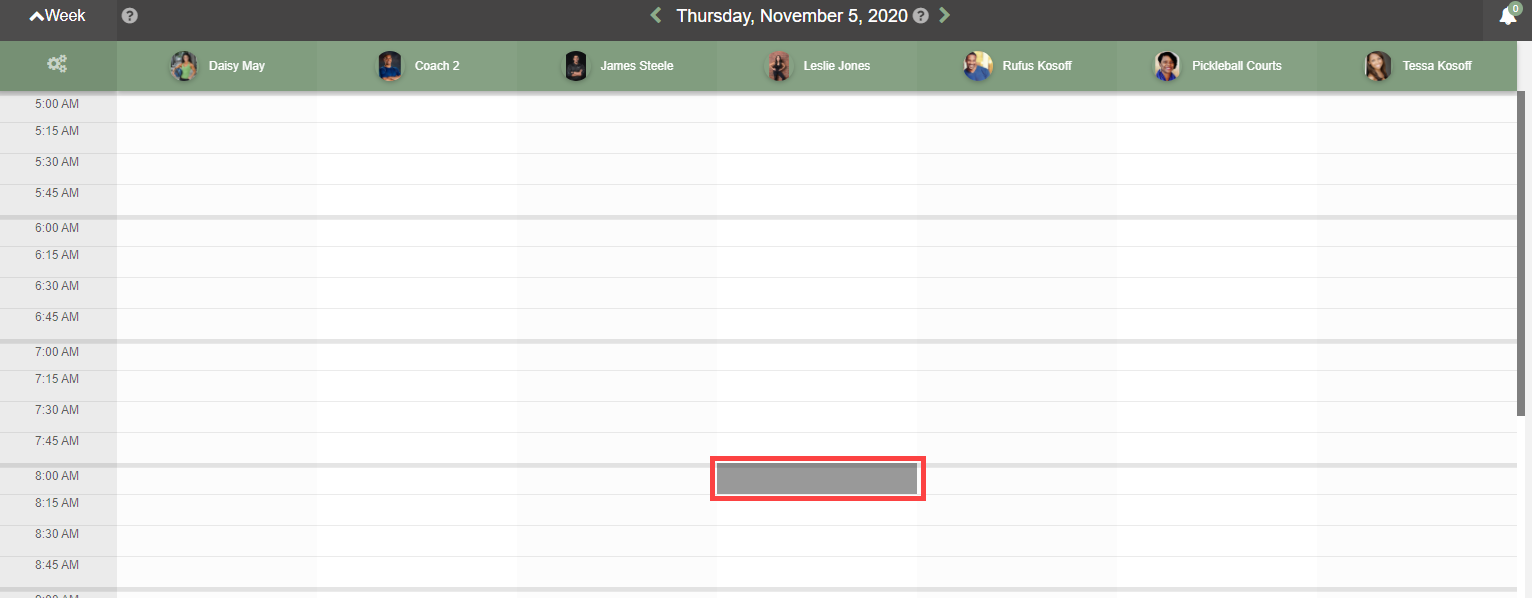 My Scheduler Overview screen with a time slot selected to open the New Event window.