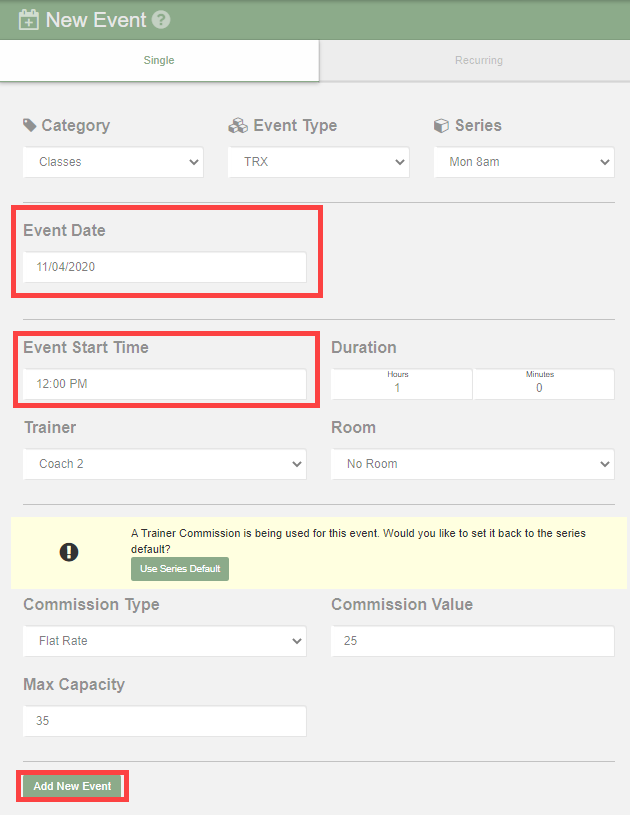 Completed recurring event setup with multiple days selected and date range configured.