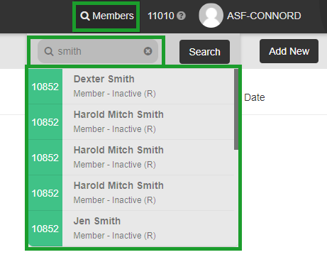 Quick Member Search results list with member names, account numbers, and selection rows.