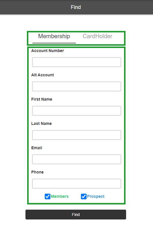 Member Management search results list with selectable member and cardholder rows.