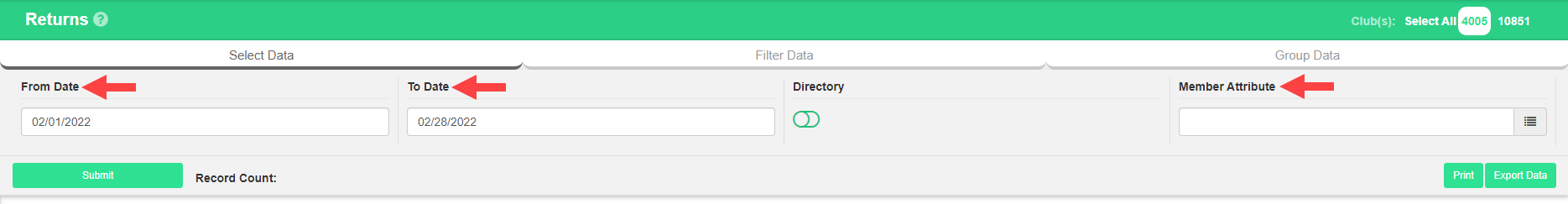 Returns report header with From Date and To Date selection fields and an optional Member Attributes filter.