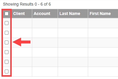 Returns report results with selection checkboxes next to each returned member account.