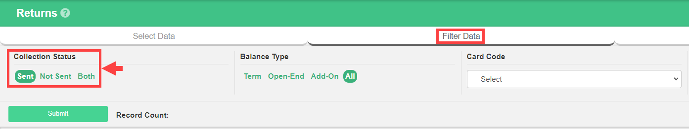 Returns report with the Collection Status filter expanded showing the Sent option for viewing already submitted accounts.