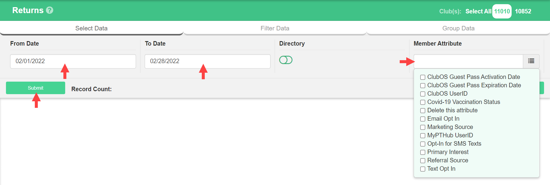 Returns report with the Submit button highlighted to pull data for the selected date range.