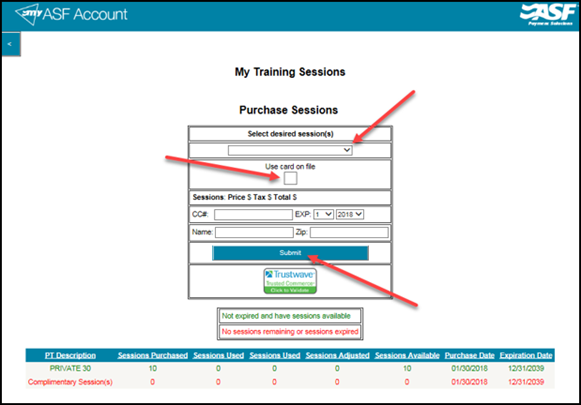 My Training Sessions page displaying purchased package details including available sessions, purchase date, and expiration date.