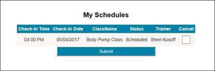 My Schedules tab showing a list of upcoming scheduled personal training sessions with date and trainer details.