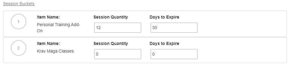 Session Buckets fields within an Offer Builder payment term showing Session Quantity and Days to Expire inputs for configuring how many sessions a member receives per payment