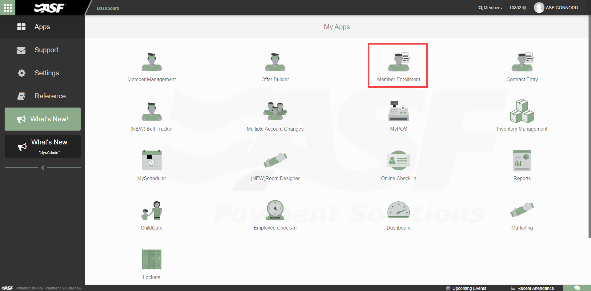 Member Enrollment offer selection panel showing the list of available membership offers on the left side with filters for Member and Prospect offer types