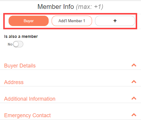 Buyer and cardholder information form in Member Enrollment with tabs for the buyer and each additional cardholder, and the Is also member toggle