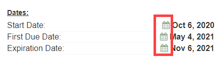 Date adjustment options in the Summary section showing calendar icons next to the Start Date, First Due Date, and Expiration Date fields