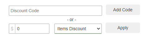 Discount section in the Summary panel showing a code entry field and the option to apply manual discounts by type and amount