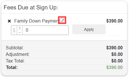 Manual discount panel in Member Enrollment showing the three discount types: Percentage Discount, Items Discount, and Dues Adjustment with amount entry fields