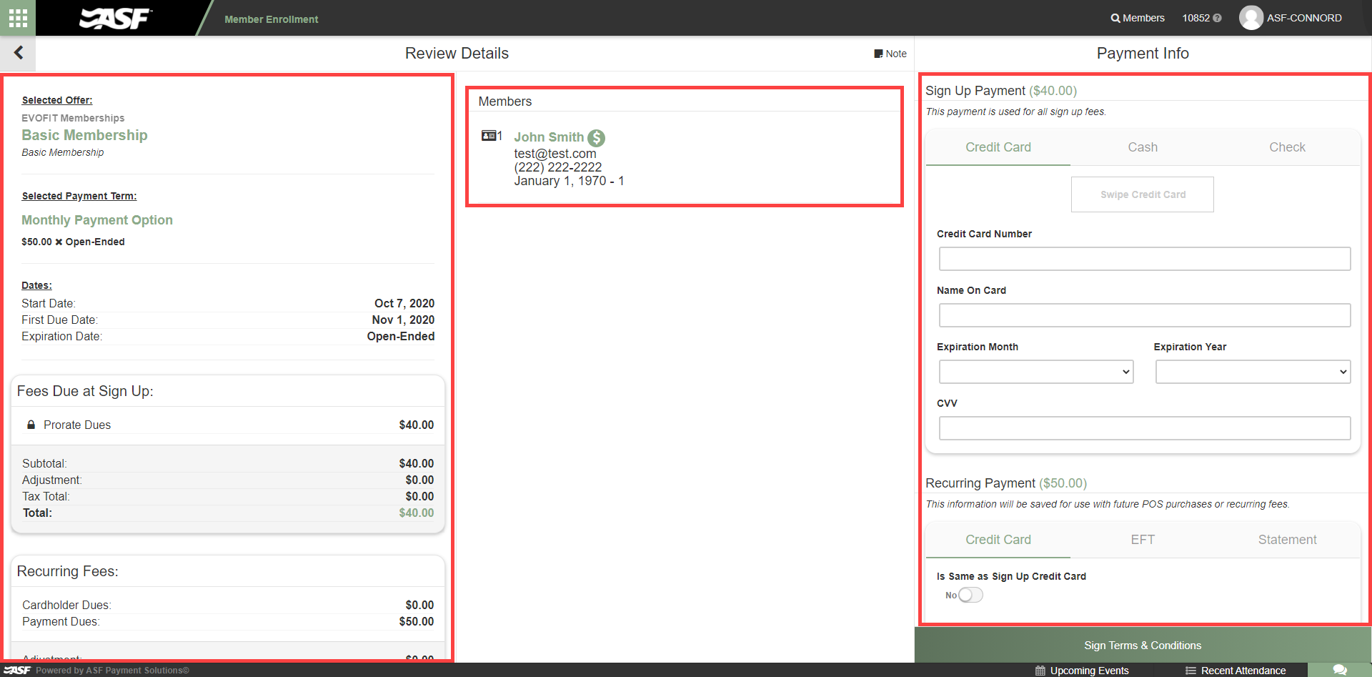 Review and Pay full screen in Member Enrollment showing the membership summary on the left and payment entry fields on the right for sign-up and recurring payments