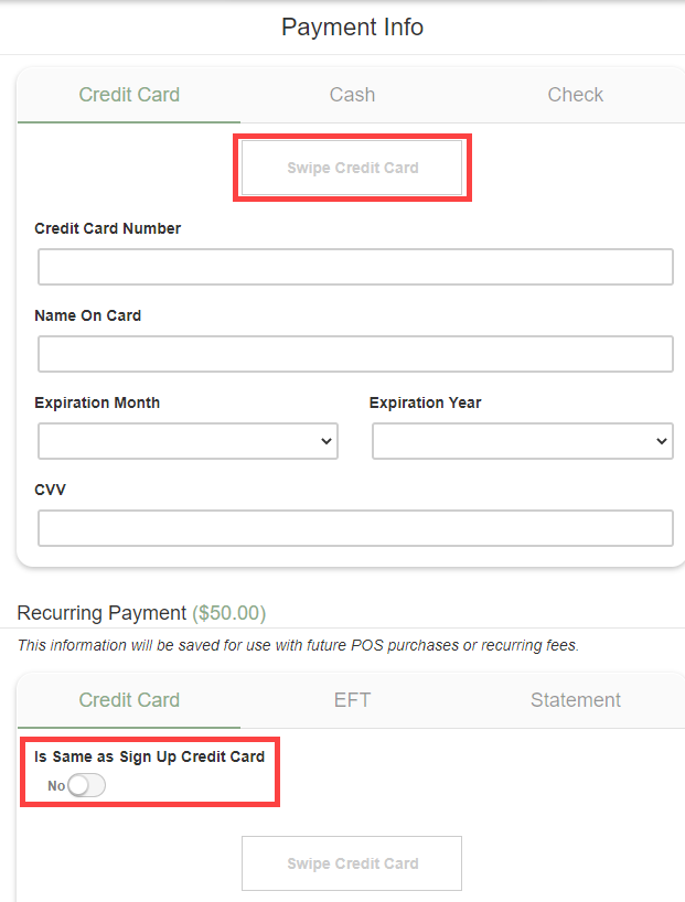 Payment method entry panel showing credit card fields for card number, expiration, and CVV alongside an ACH option with routing and account number fields