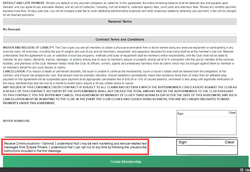 Contract signing screen in Member Enrollment displaying the full membership agreement with signature fields and the communication opt-in checkbox at the bottom