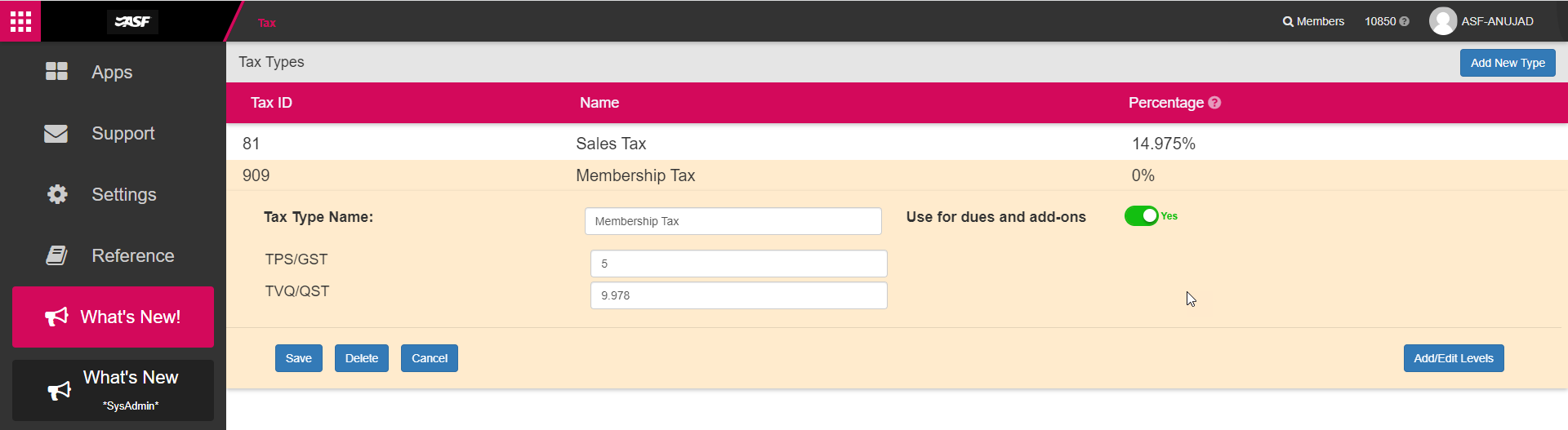 Tax Type with the Use for dues and add-ons toggle enabled, showing the designation is active.