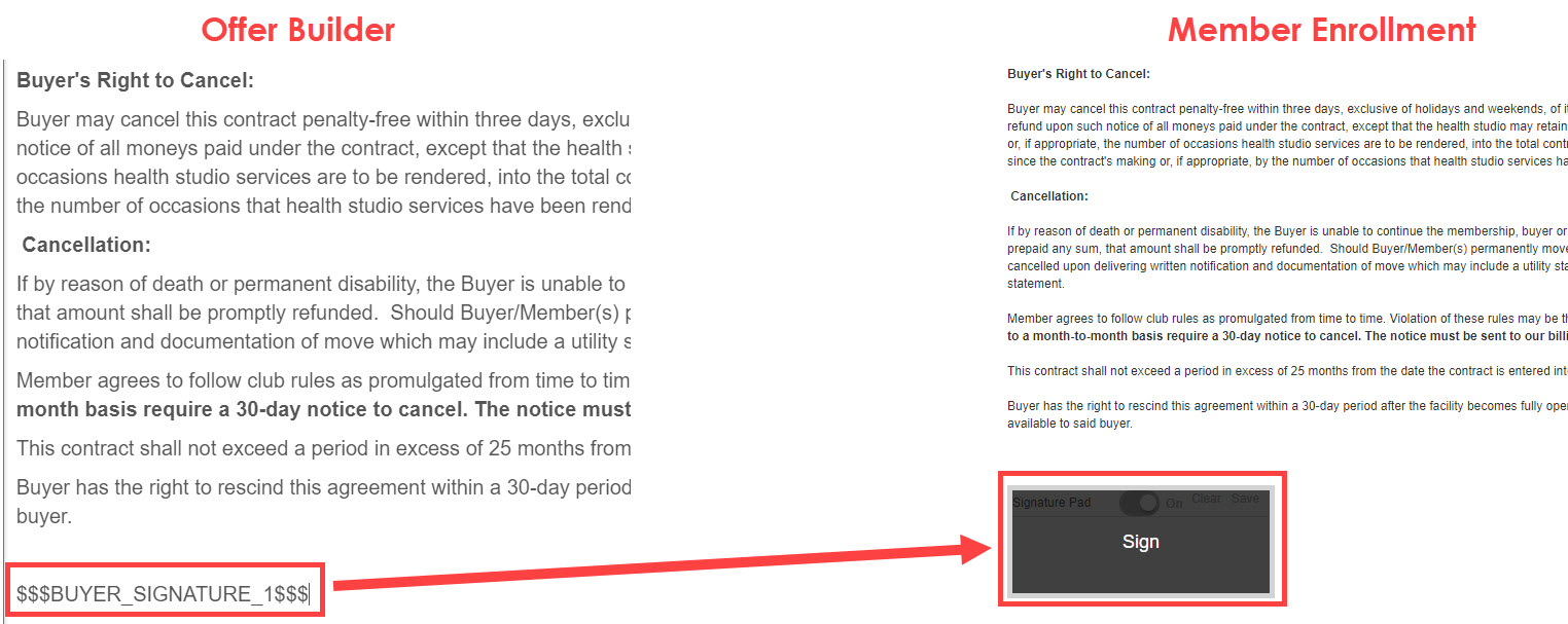 Contract terms and conditions document in Offer Builder showing signature tag syntax placed at custom locations within the contract text to define where signature boxes will appear