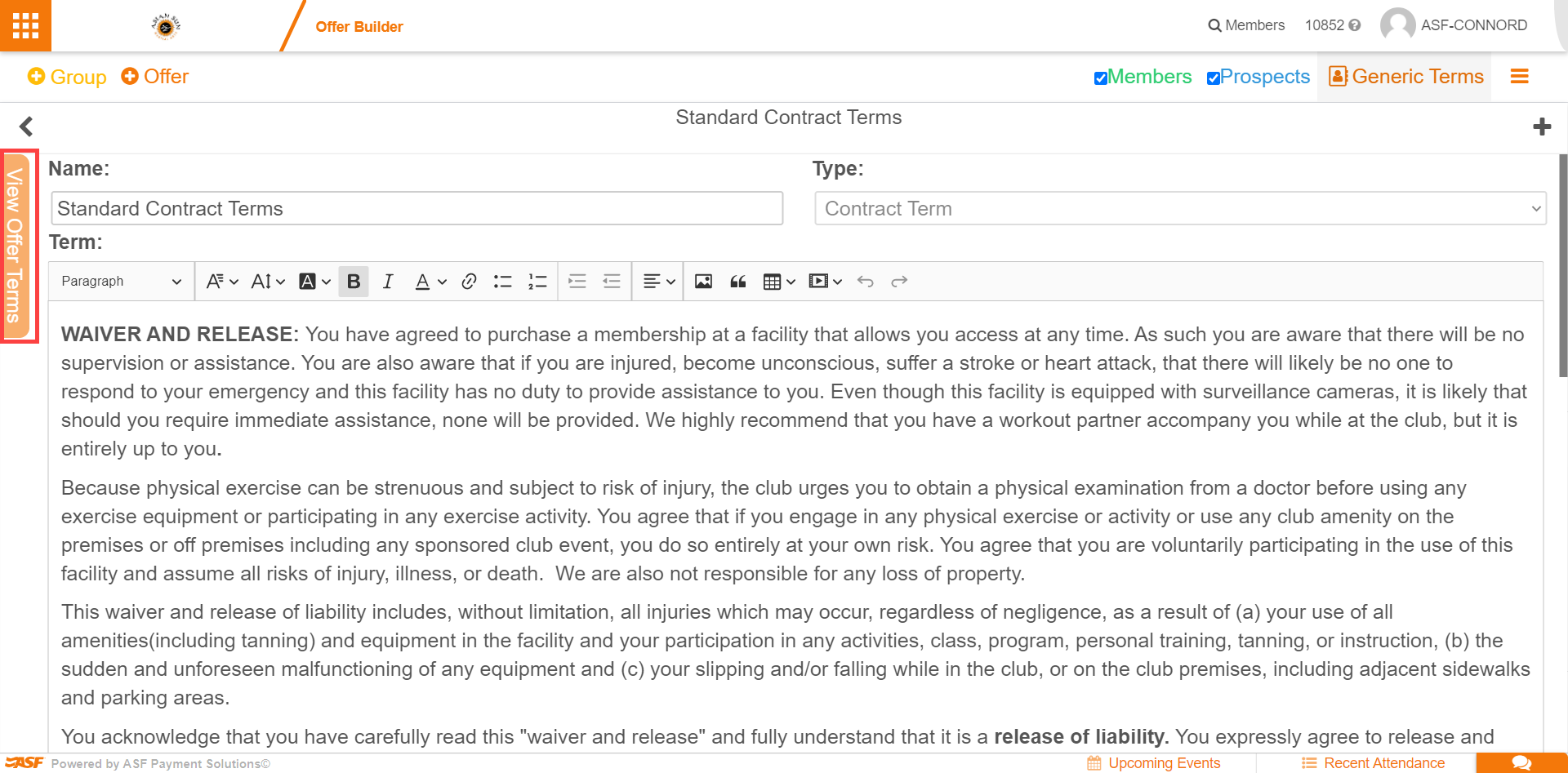 Offer selection list in Generic Terms showing checkboxes next to available offers that will receive the terms when Apply to Offer Terms is selected