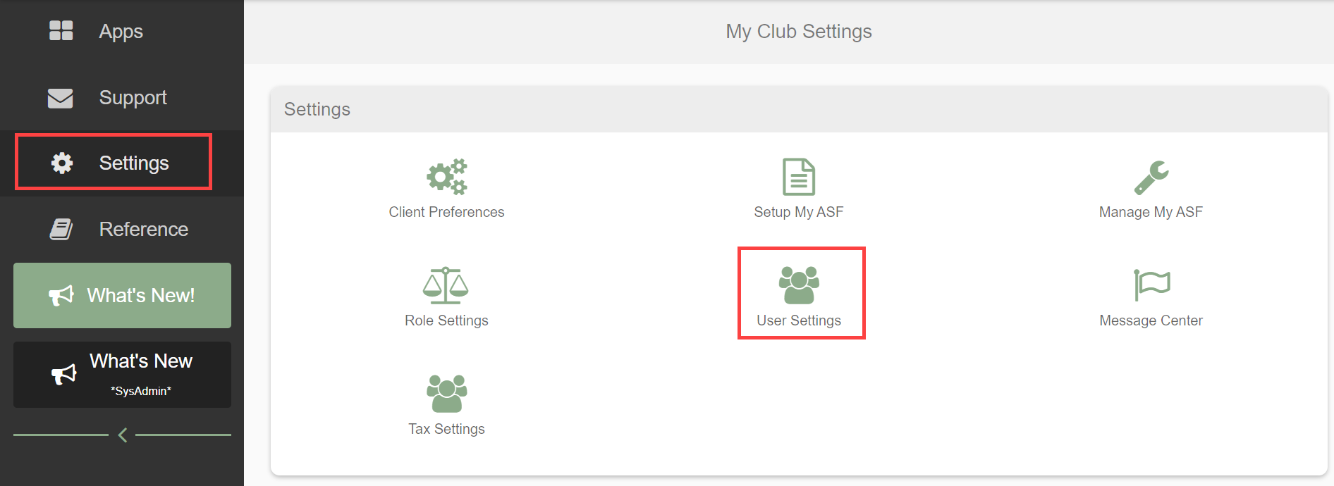 Settings page with the User Settings option highlighted for navigation from My Apps.