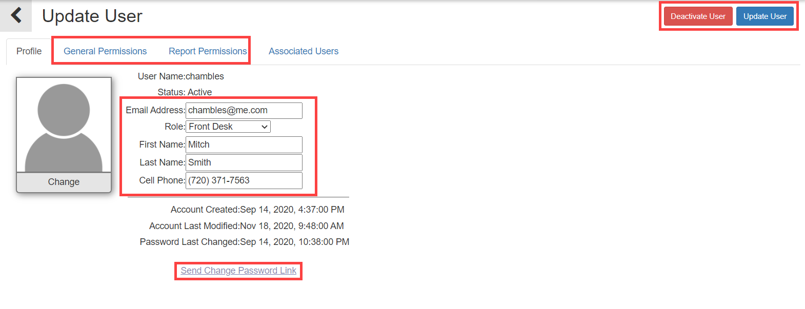 Manage User link interface for editing permissions, profile information, and sending password reset emails.