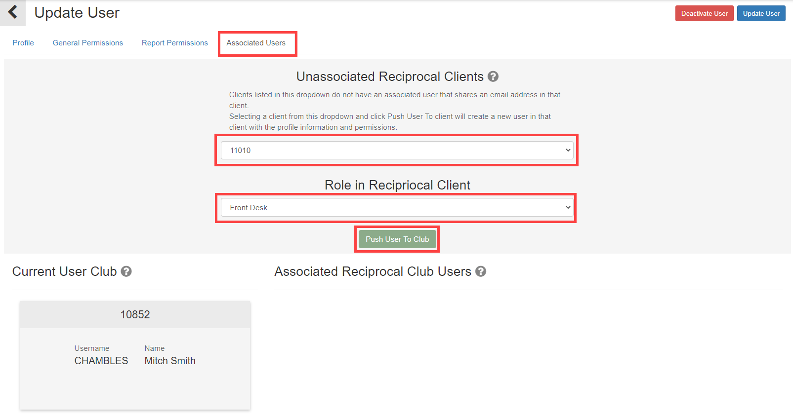 Associated Users tab for configuring reciprocal club user accounts and role assignments.