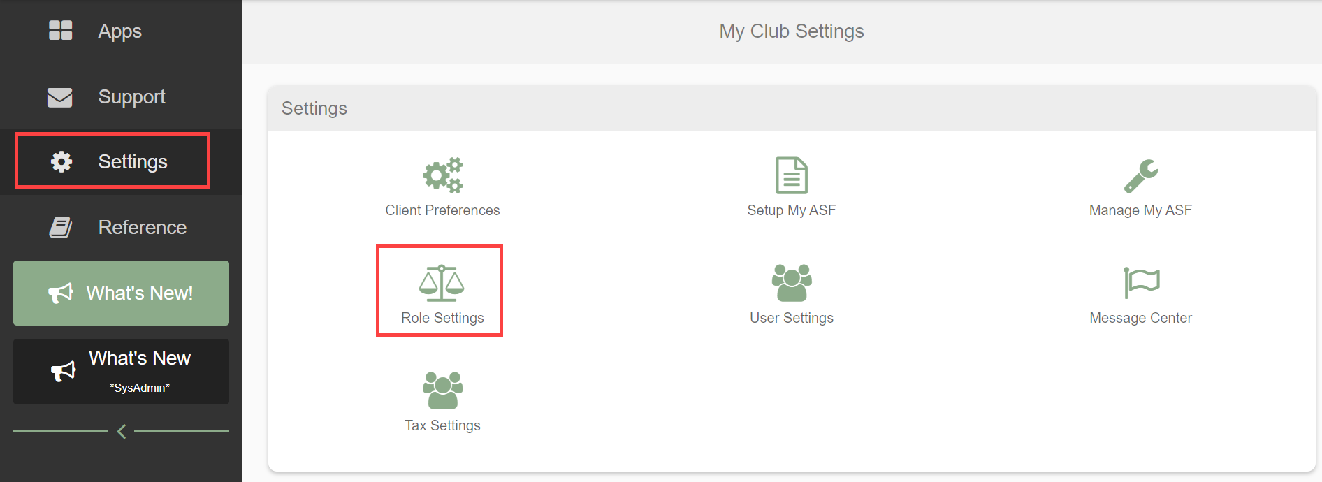 Settings page with the Role Settings option highlighted for accessing role configuration.