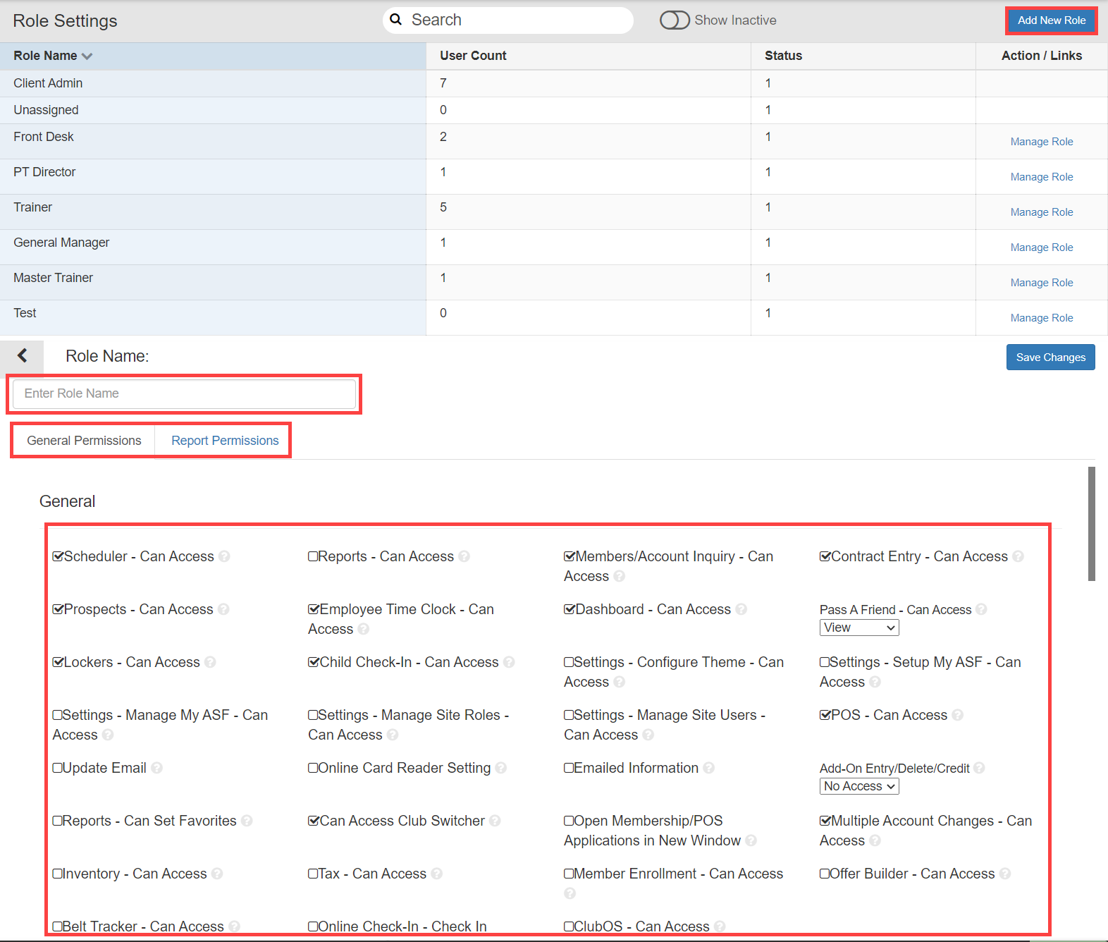 Blank role creation interface where users name a role and configure General and Report permissions.