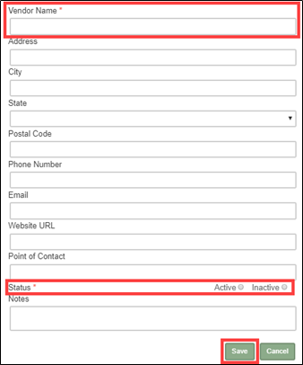 Add Vendor form with Vendor Name and Status fields required, other fields optional.
