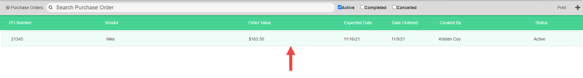 Purchase Orders main screen showing Active, Completed, and Cancelled tabs with the Add PO button.