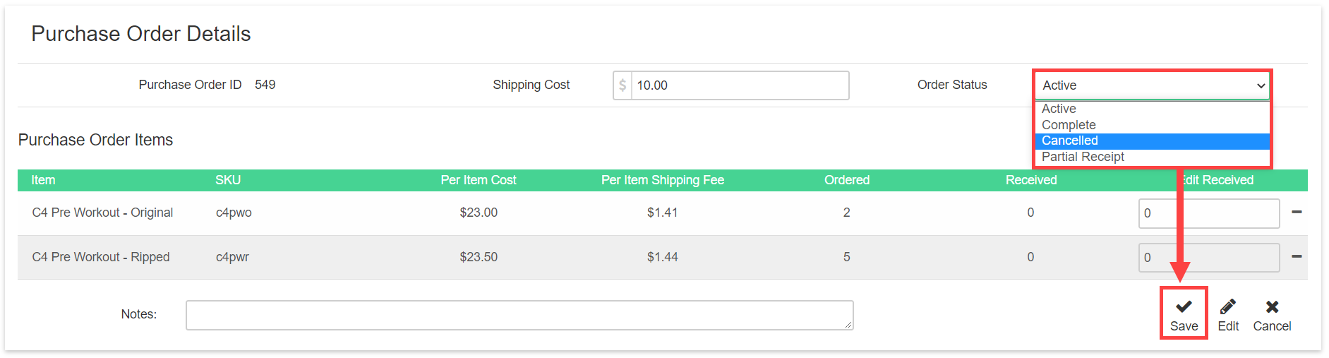Add Purchase Order form with header fields for vendor, date, shipping cost, and item selection area.