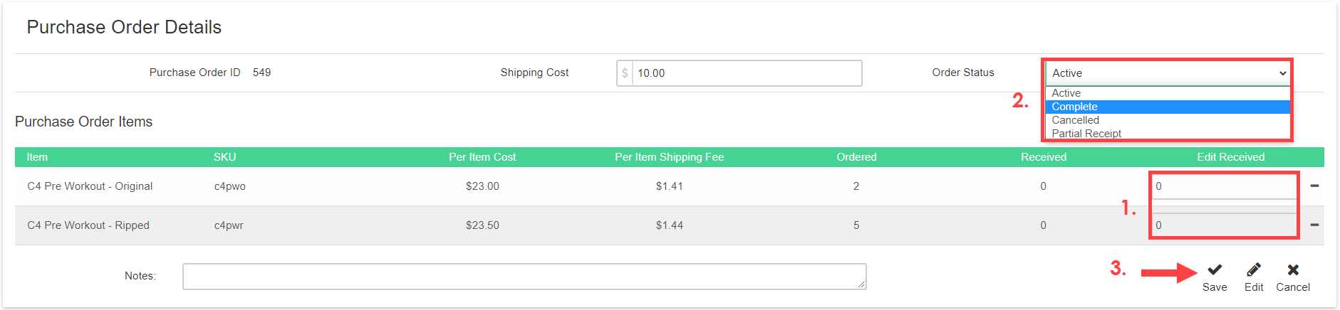 Active purchase order with Edit Received column showing entered quantities before marking Complete.